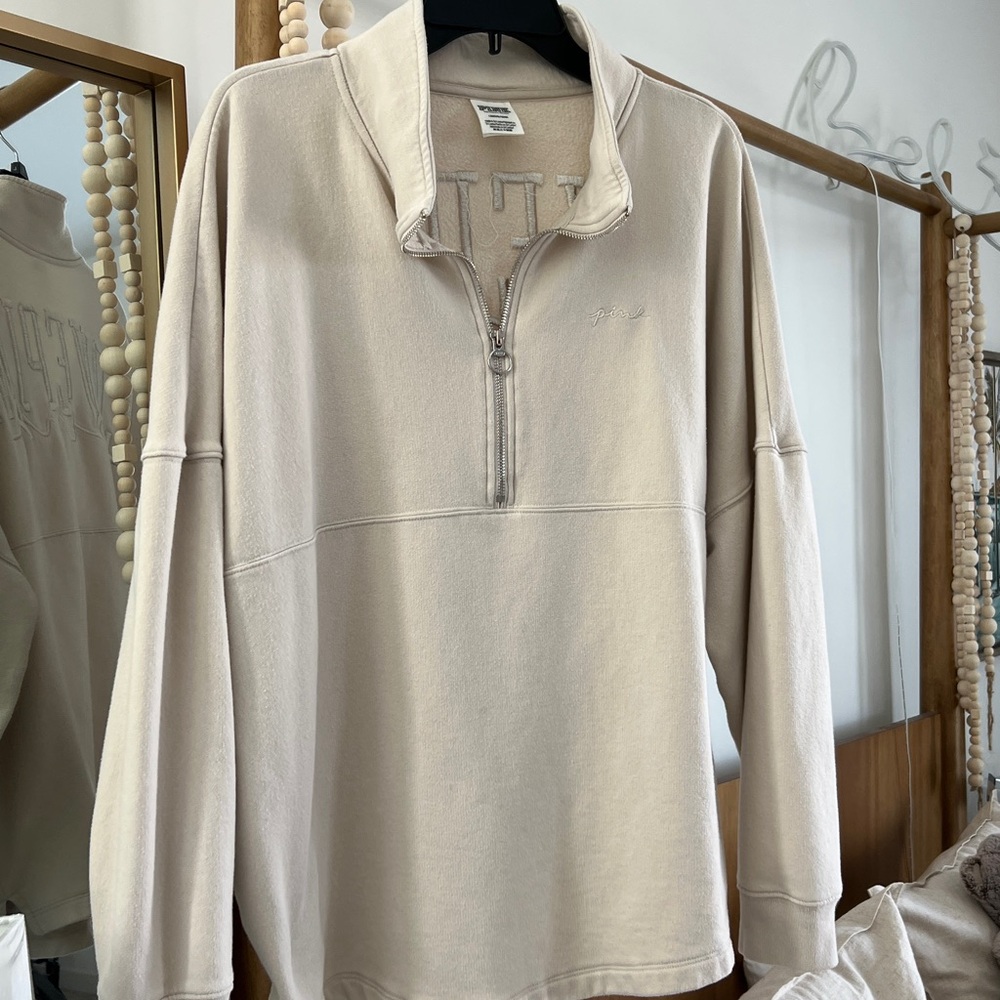 PINK Victoria's Secret Cream Half-Zip Hoodie W/ Pockets !